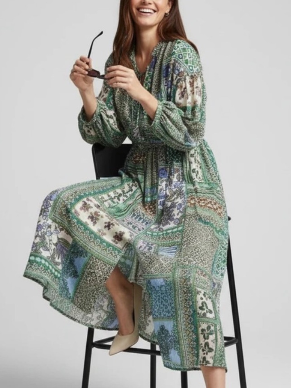 ZARA Green Multi Patchwork Print Maxi Dress Size XL 8615